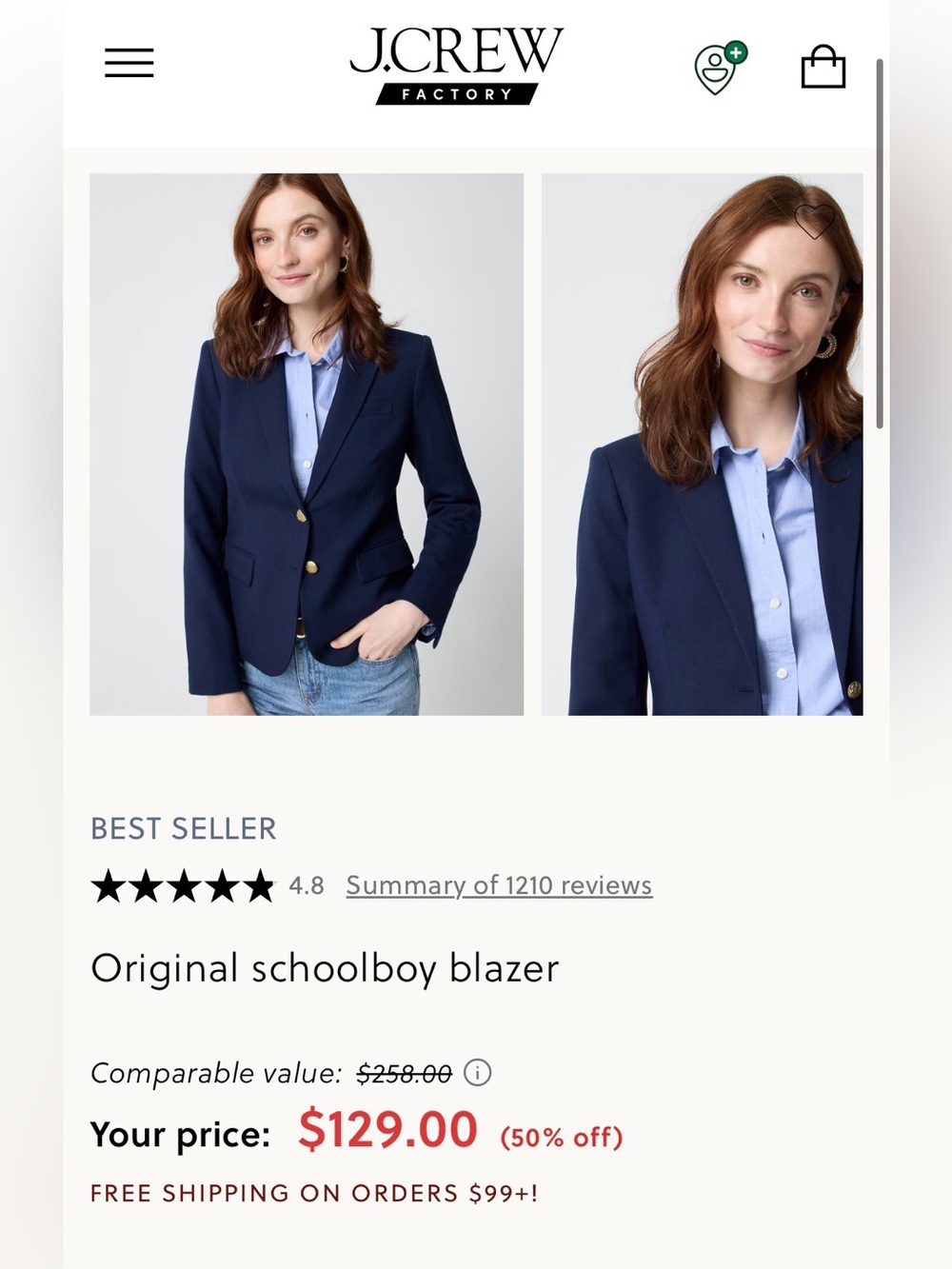 J. Crew Schoolboy Navy Blazer with Gold Buttons